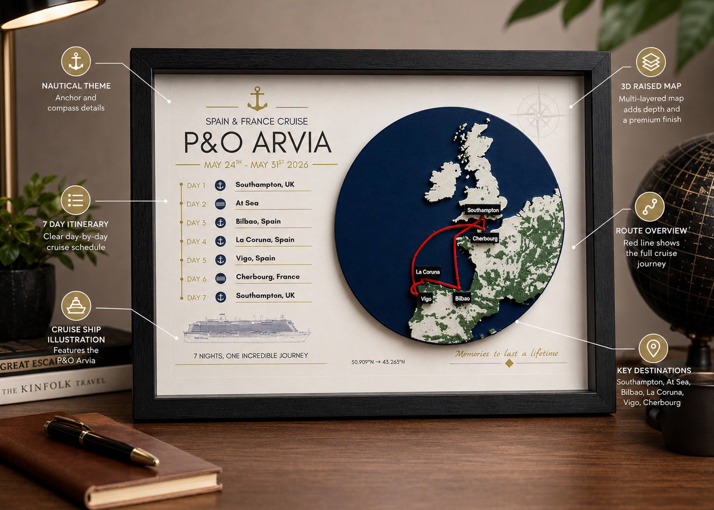 Personalised box-framed cruise map with raised 3D map, red route line and day-by-day itinerary