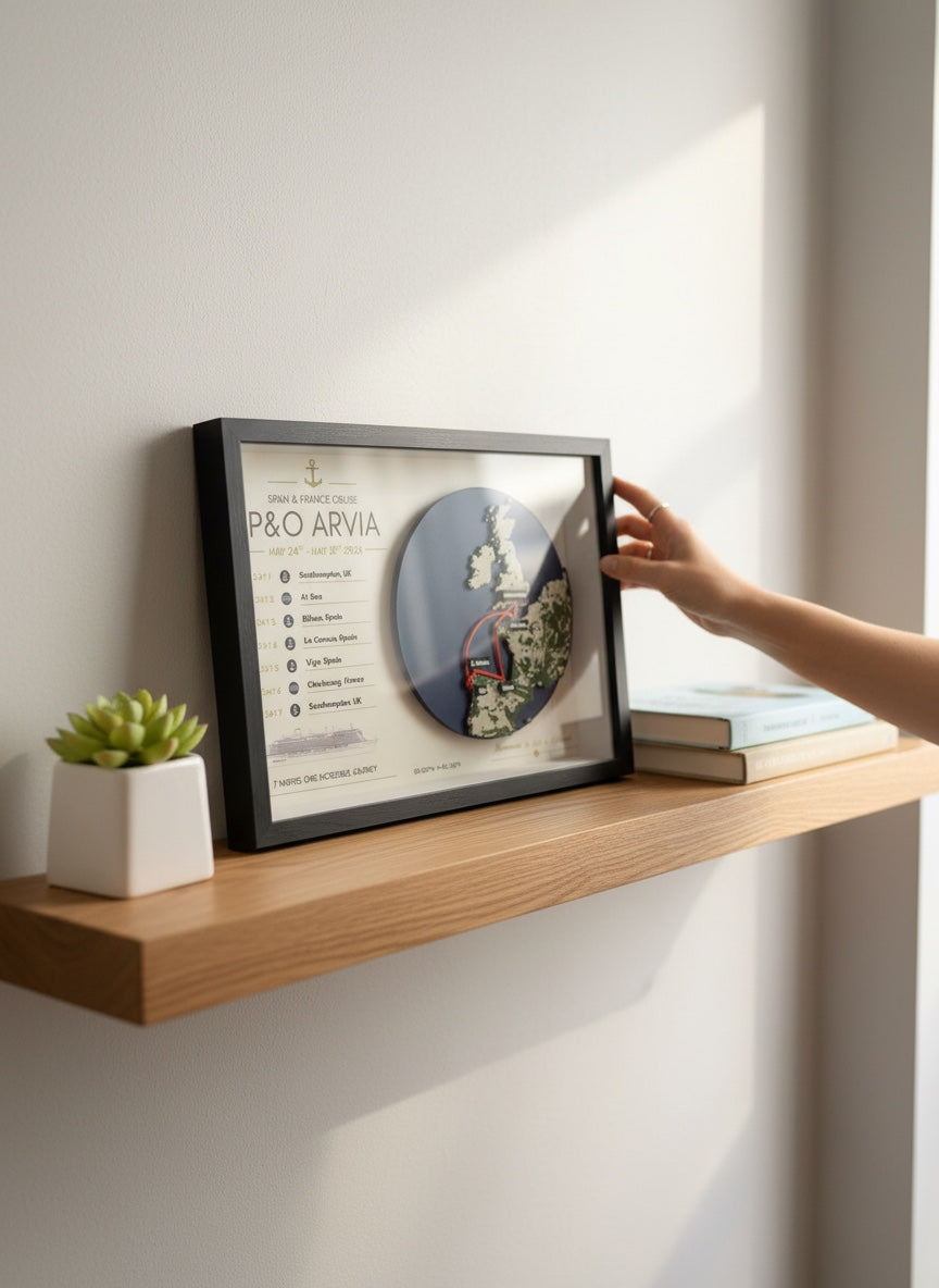 A framed circular wall art print with a black frame is leaning on a wooden floating shelf against a light gray wall. A person's hand is touching the frame.