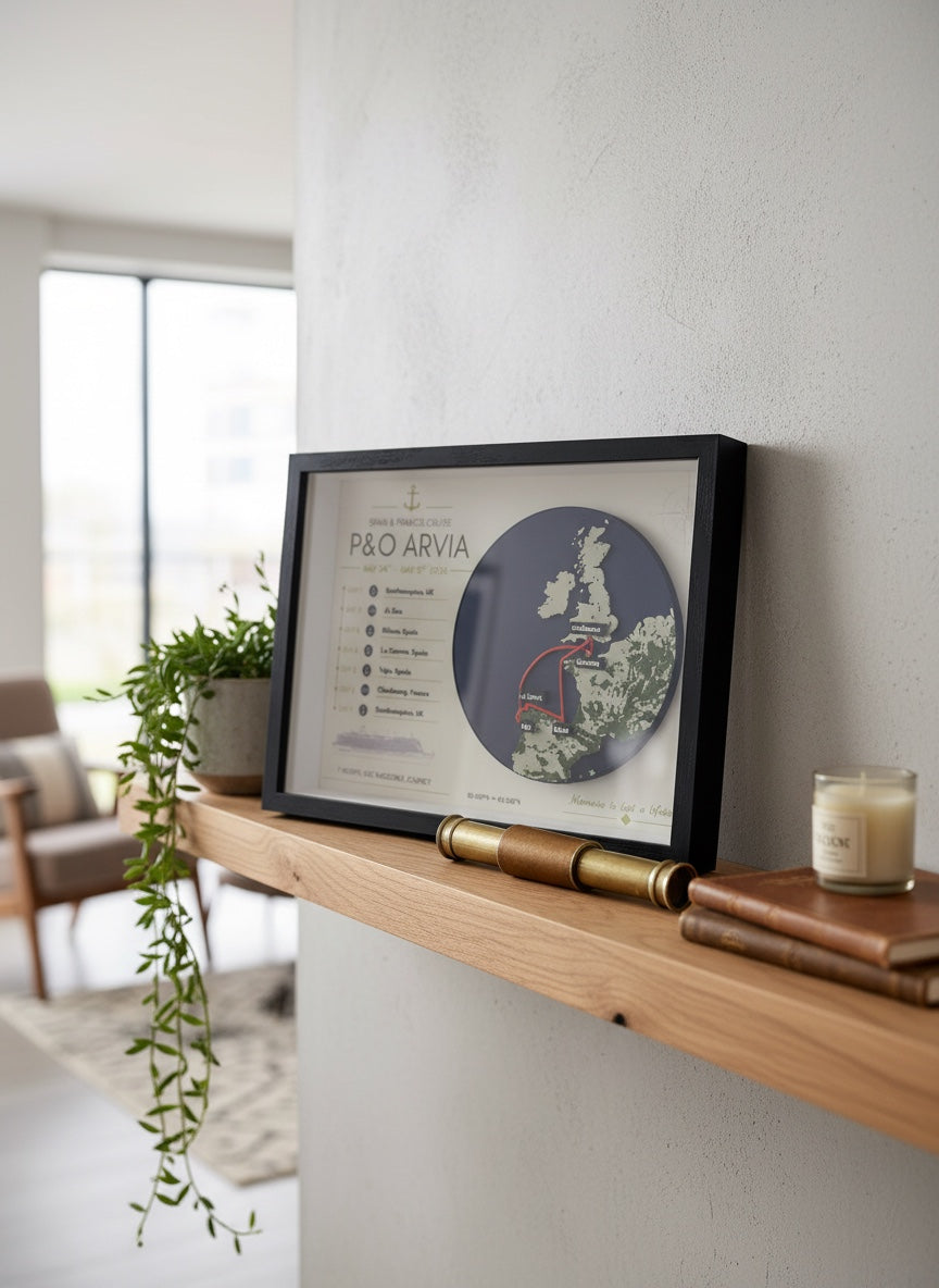 A framed P&O Arviia travel poster with a circular map of Malta, styled on a light wood floating shelf next to a potted plant and a candle in a modern living room setting.