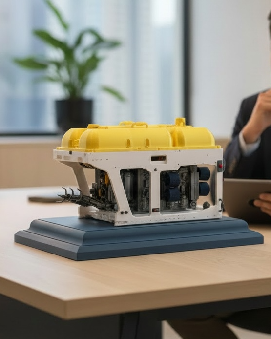 Handmade display model of a subsea remotely operated vehicle on a plinth