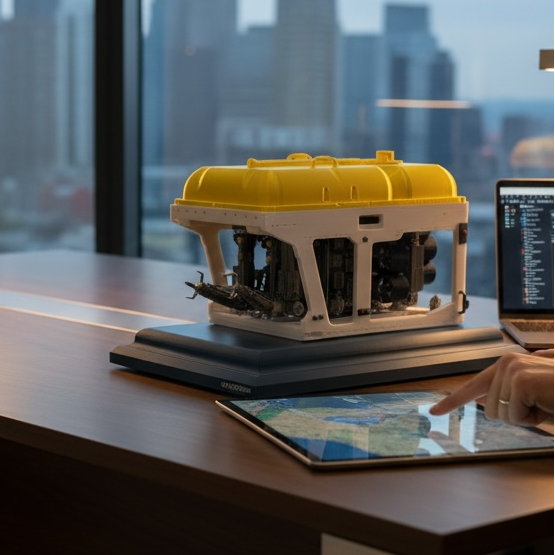Handmade display model of a subsea remotely operated vehicle on a plinth sitting on a desk