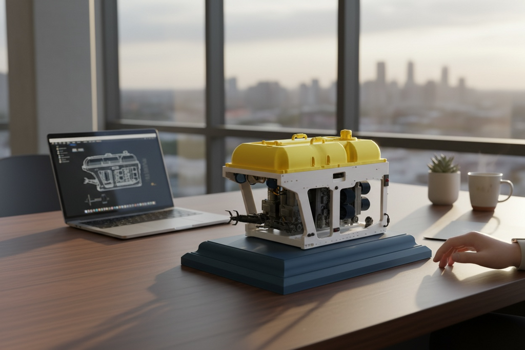 Handmade display model of a subsea remotely operated vehicle on a plinth on a office desk