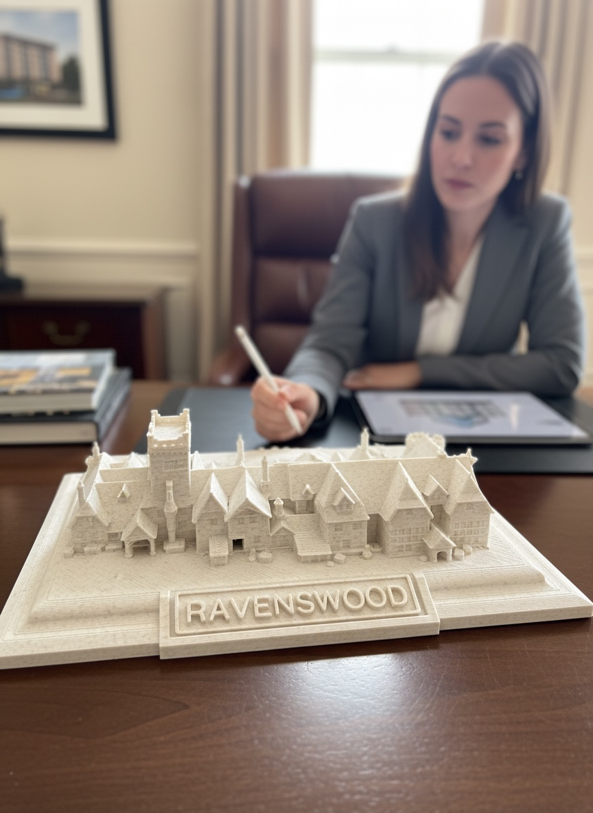 Handmade model of Ravenswood wedding venue on a wooden table