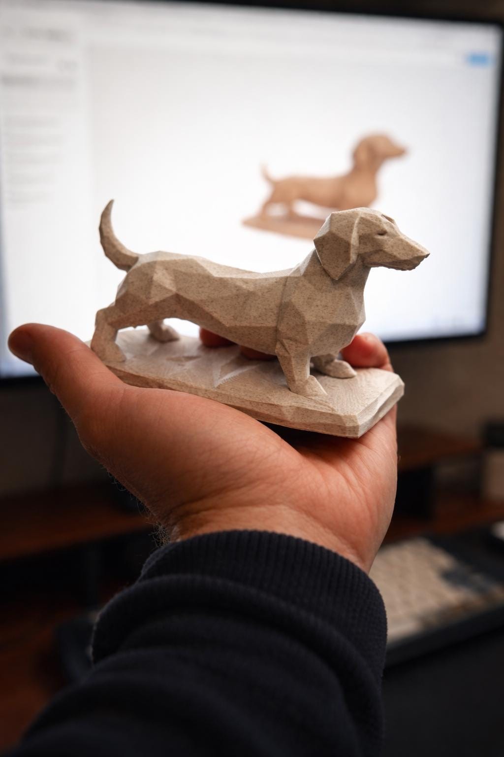 Geometric marble-effect dachshund sculpture on a desk