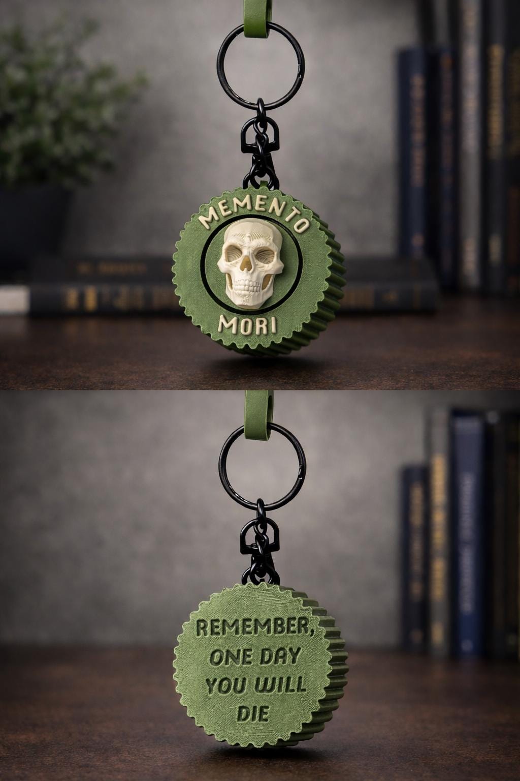 A memento mori keychain shown in two views: front and back. The keychain features a circular, serrated-edge olive green pendant with a raised cream skull in the center.