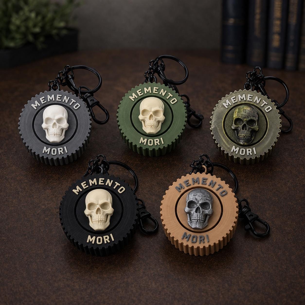Memento mori clicker coin with a cream skull on an olive green serrated pendant, shown in five colours