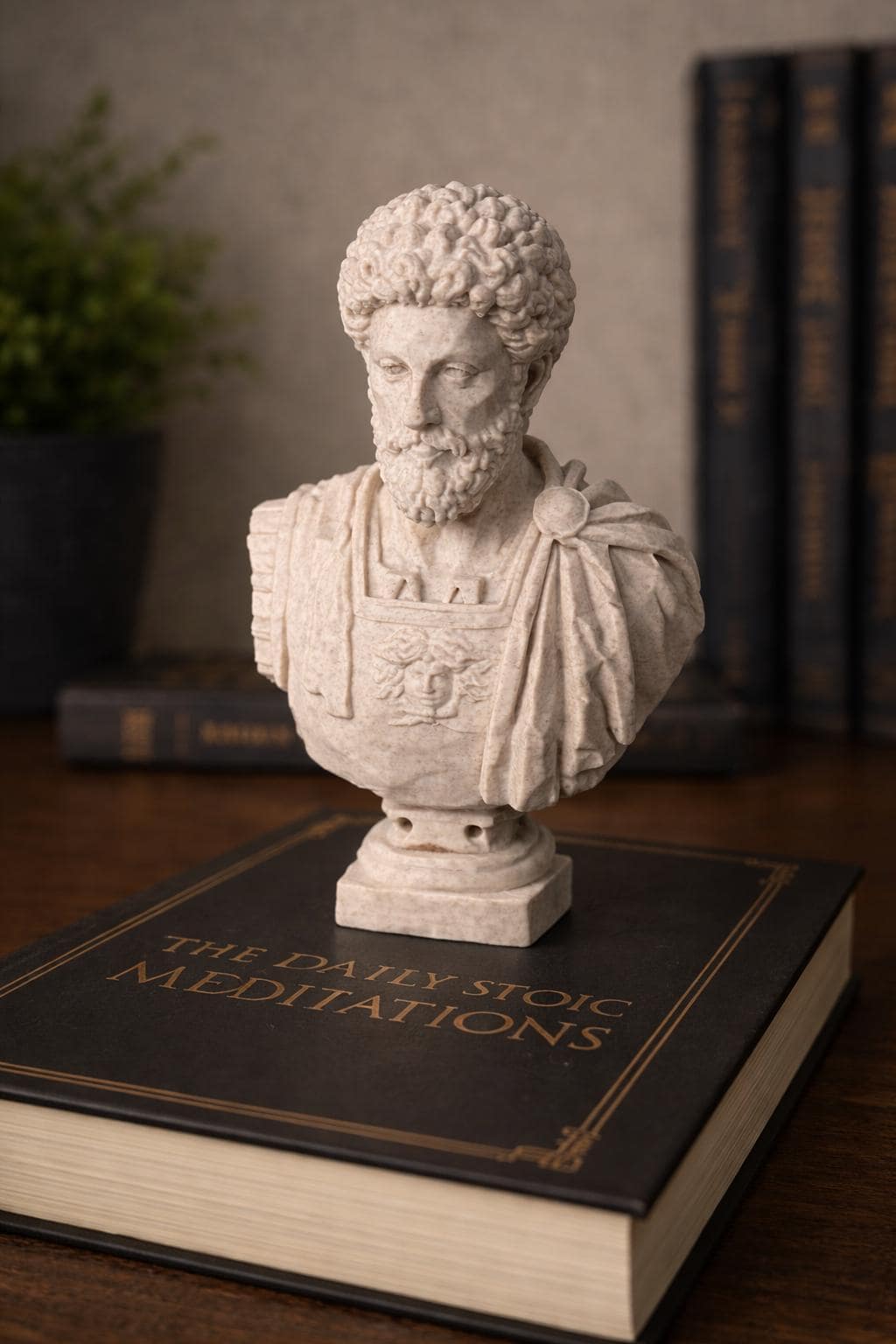 Marcus Aurelius bust — stoic philosopher sculpture in a home office