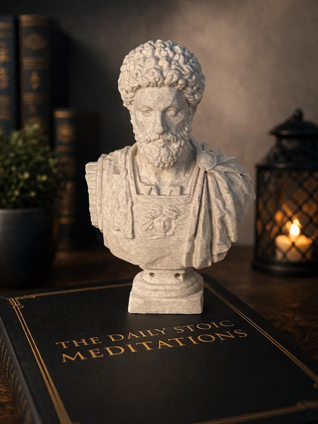 Marcus Aurelius bust — marble-effect stoic philosopher sculpture on a desk