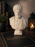 Marcus Aurelius bust — marble-effect stoic philosopher sculpture on a desk