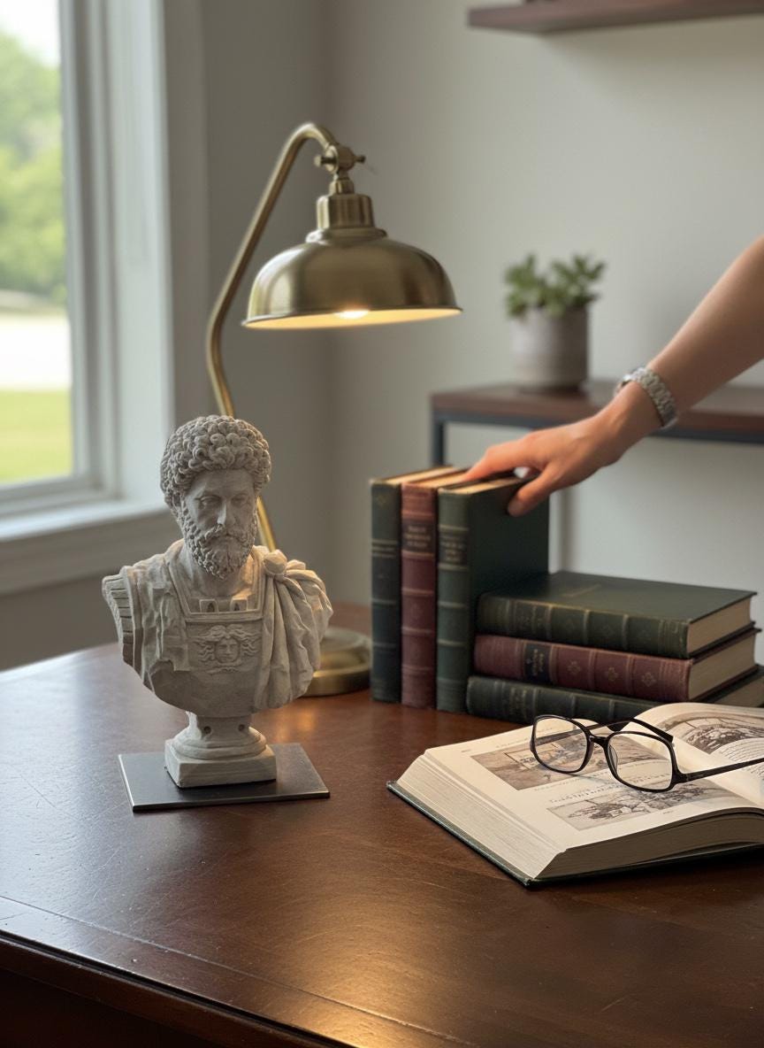 Marcus Aurelius bust — stoic philosopher sculpture, close up