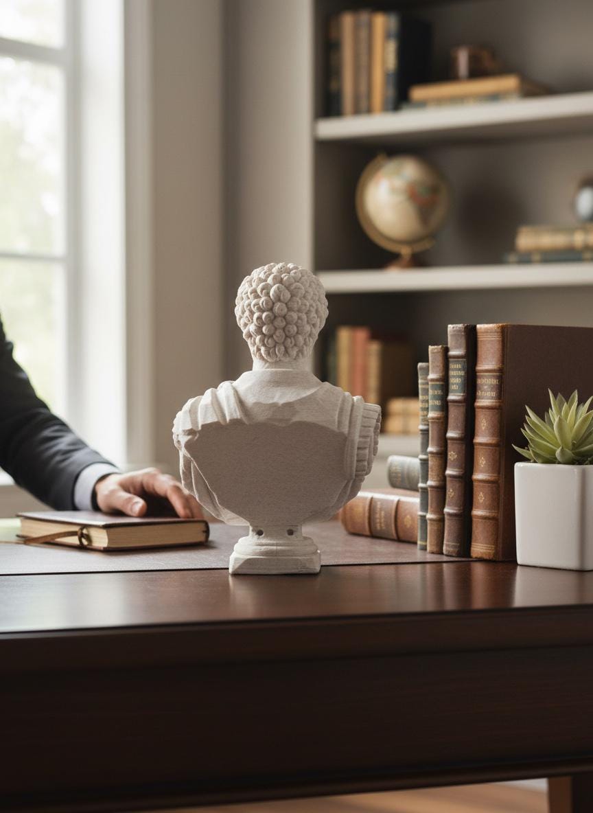 Marcus Aurelius bust — marble-effect stoic philosopher sculpture
