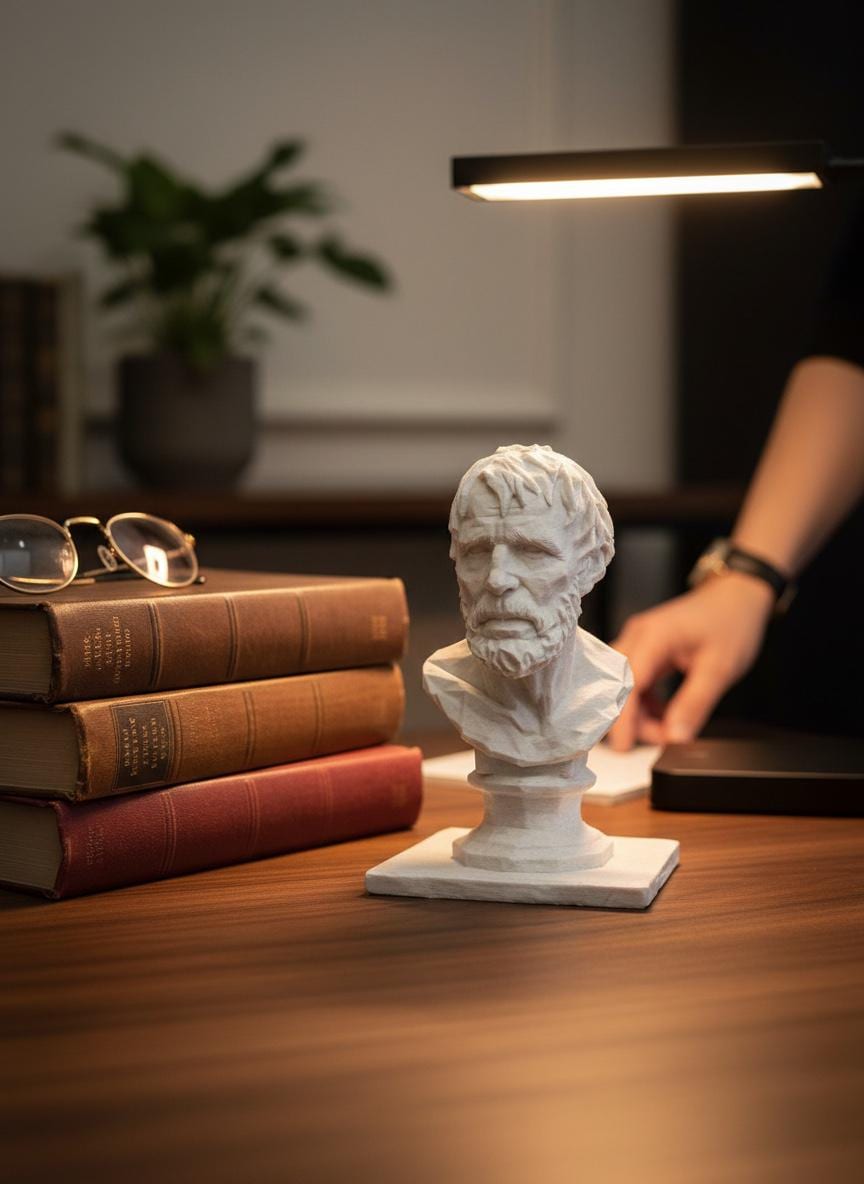 Seneca bust — marble-effect stoic philosopher sculpture on a desk