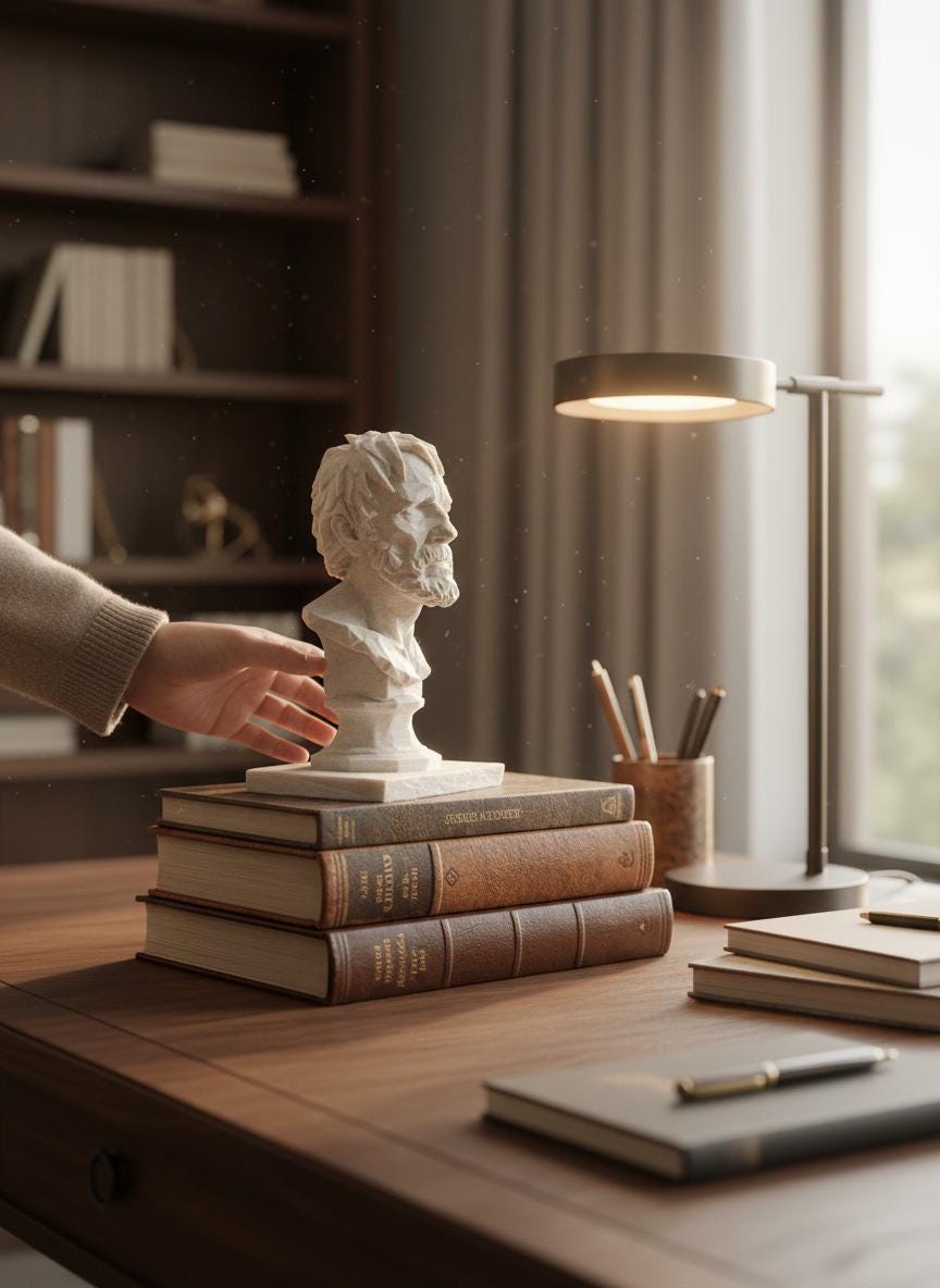 Seneca bust — stoic philosopher sculpture in a home office