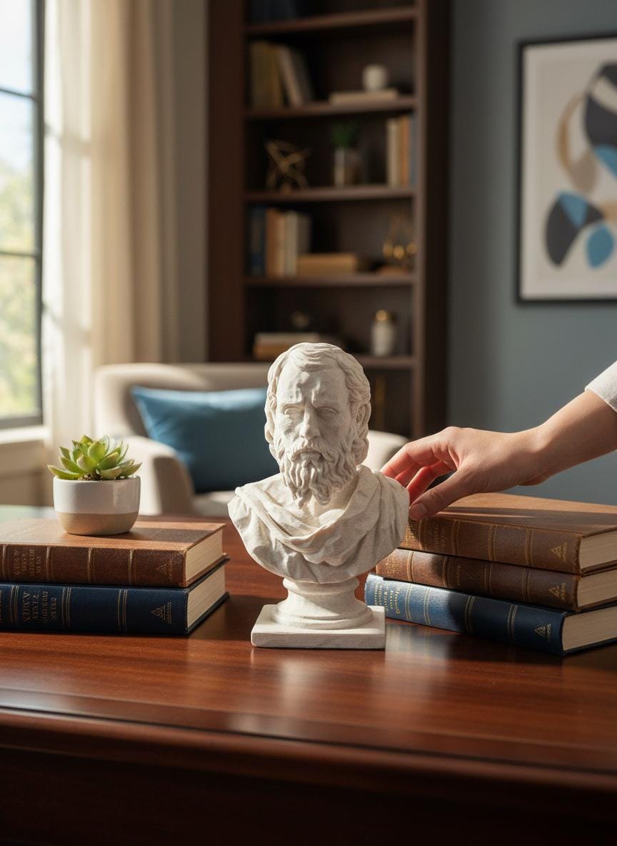 A white marble-style classical bust sculpture sits on a wooden desk in a styled home office setting, surrounded by books, with a person's hand reaching toward it.