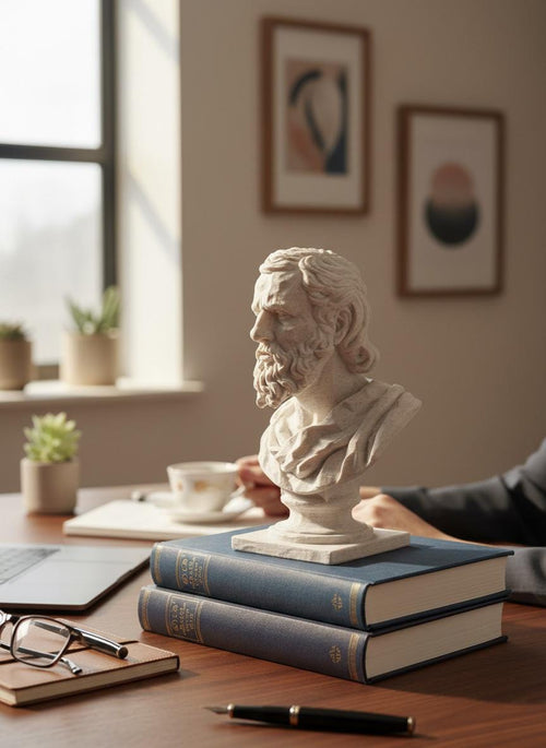Epictetus bust sculpture, stoic philosopher, on a desk