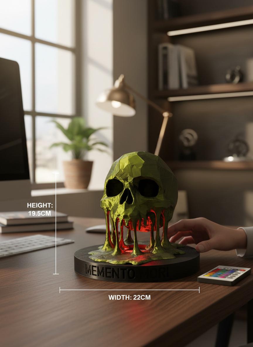 A green low-poly skull candle holder with dripping red wax details on a black circular base, shown on a wooden desk with a hand reaching toward it. White dimension lines indicate a height of 19.