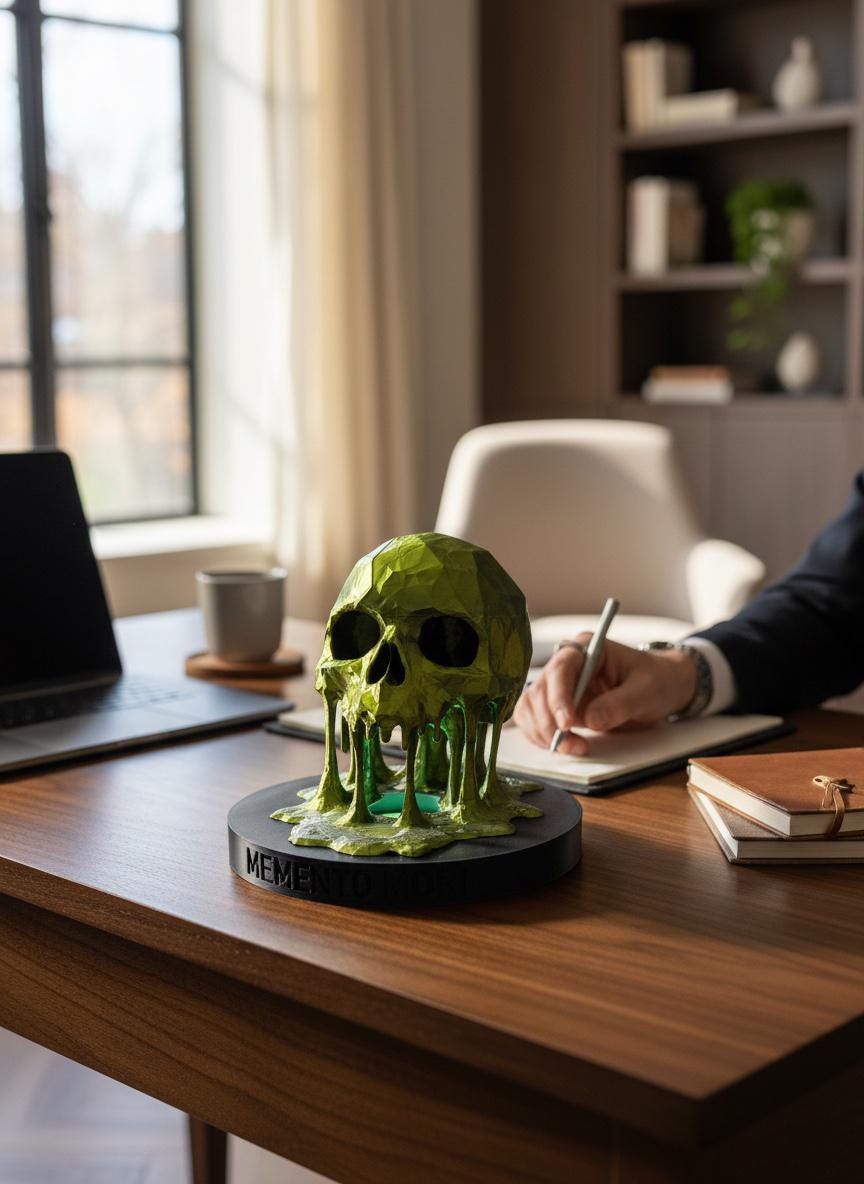 A green low-poly melting skull sculpture on a black circular base, displayed on a wooden desk in a modern office setting with a laptop, notebook, and a person writing in the background.