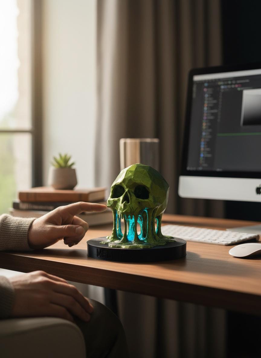 A green low-poly skull sculpture on a black circular base sits on a wooden desk in a home office setting, with a person's hand pointing at it and an iMac in the background.