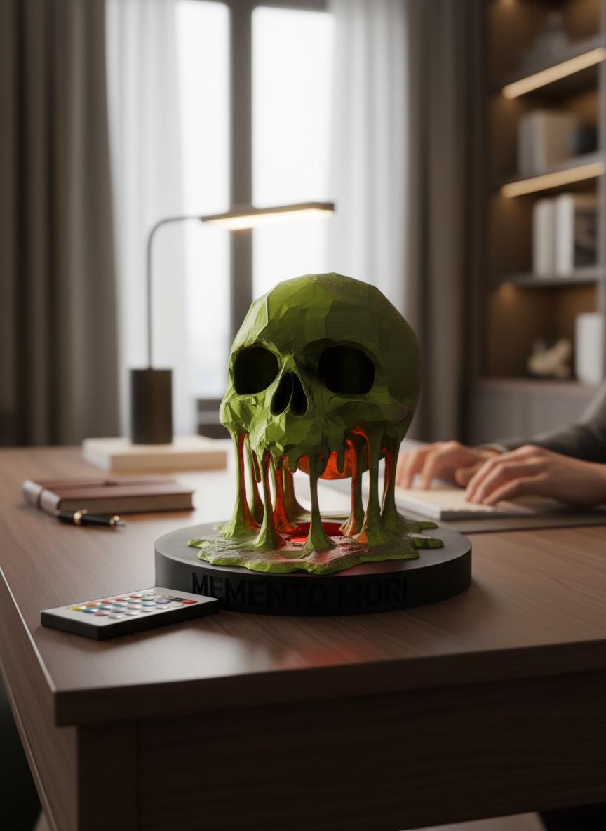 Low-poly geometric skull lamp with LED base