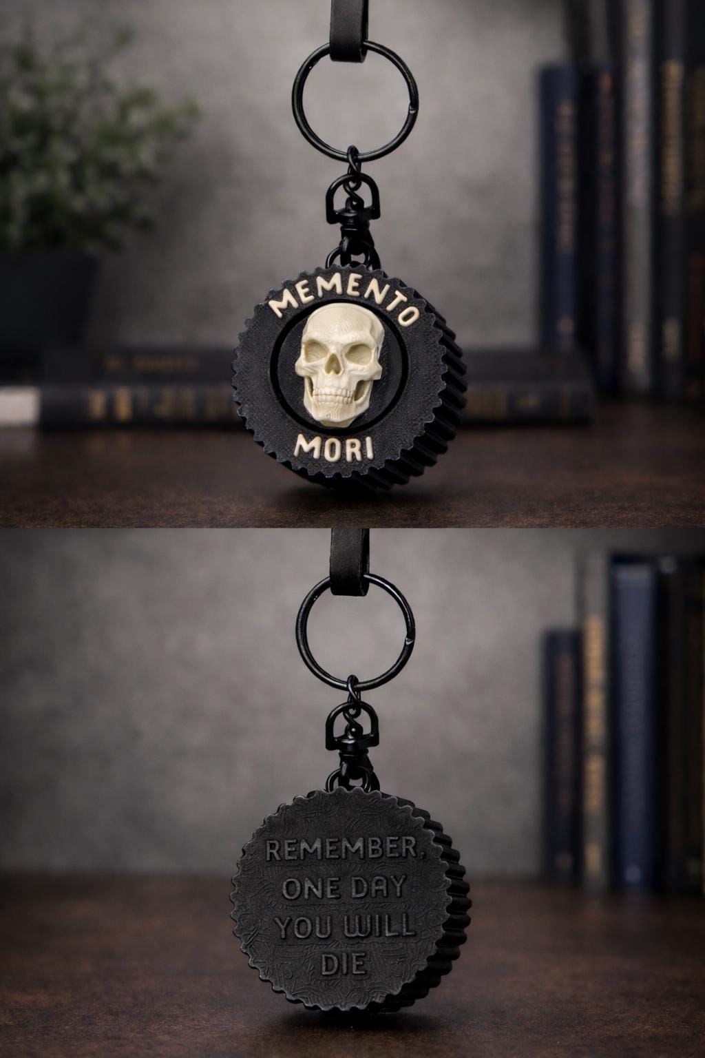 A memento mori keychain shown in two views: front and back. The keychain features a circular, serrated-edge olive green pendant with a raised cream skull in the center.