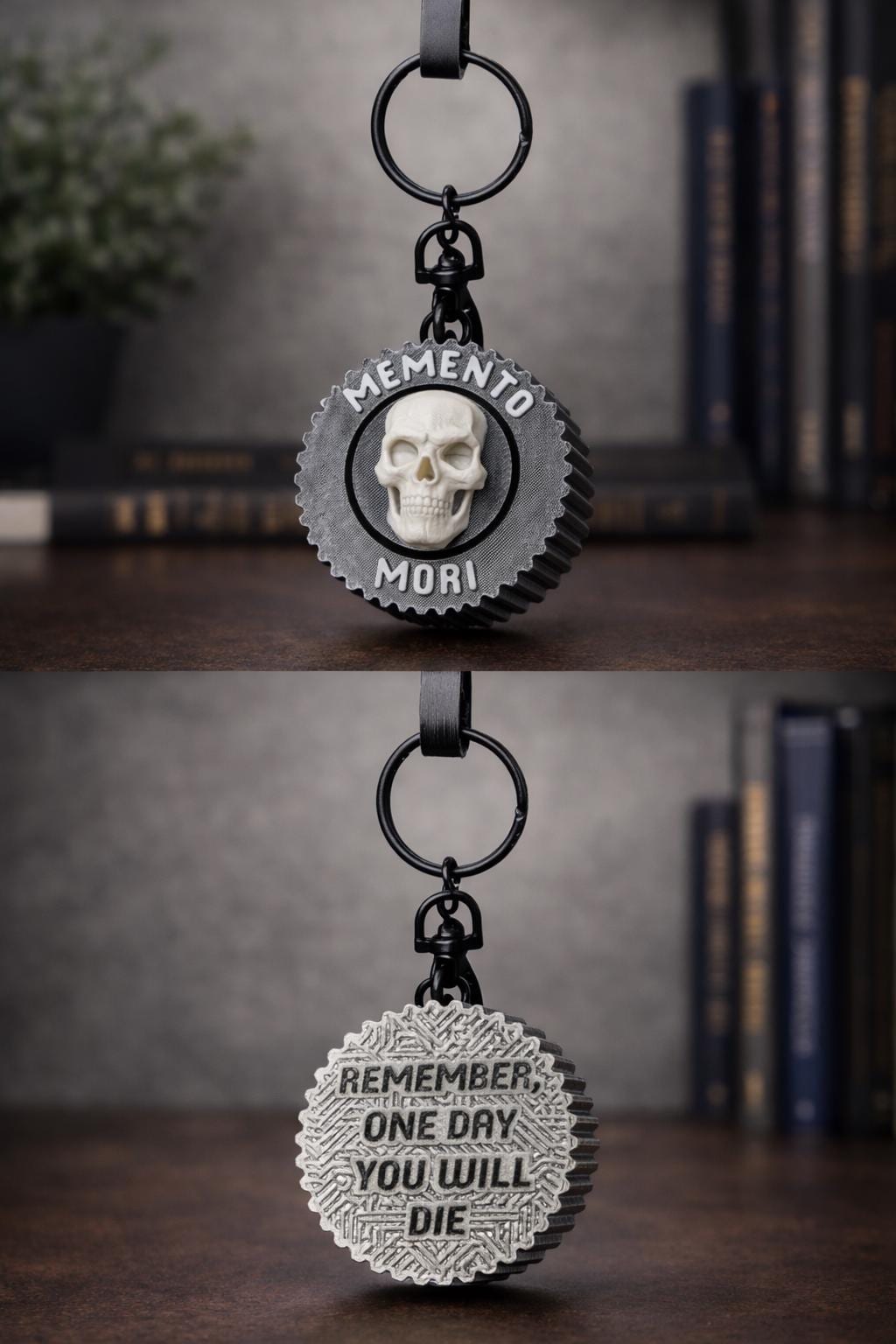Memento mori clicker coin, front and back view