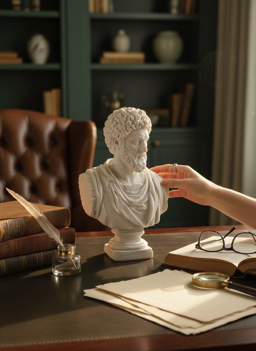 Marcus Aurelius bust — stoic philosopher sculpture on a shelf