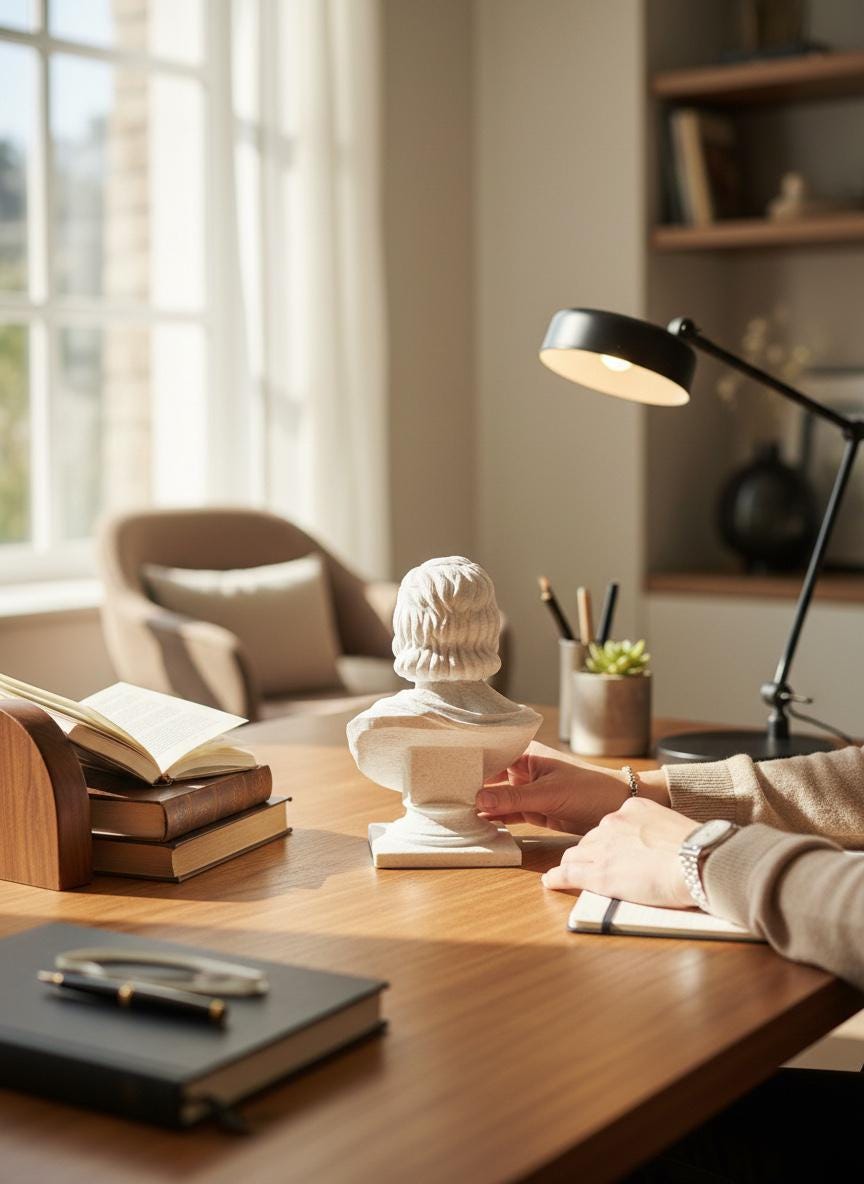 A warm, cozy home office scene with a wooden desk, a black adjustable desk lamp, a small white bust sculpture, books, and a person's hands resting on a notebook near the window.