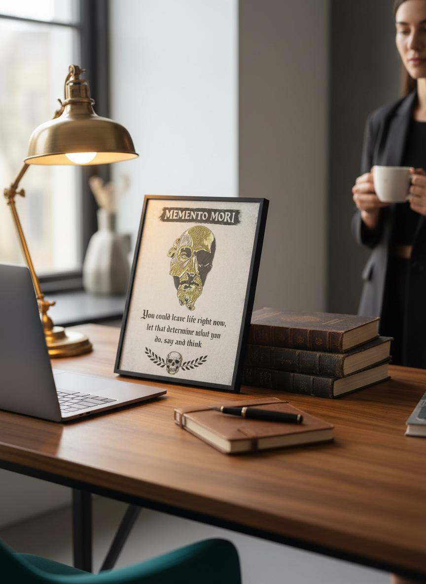 A framed 'MEMENTO MORI' art print with a gold mask illustration sits on a wooden desk in a modern home office setting, alongside a laptop, lamp, and books. A woman is visible in the background holding a mug.