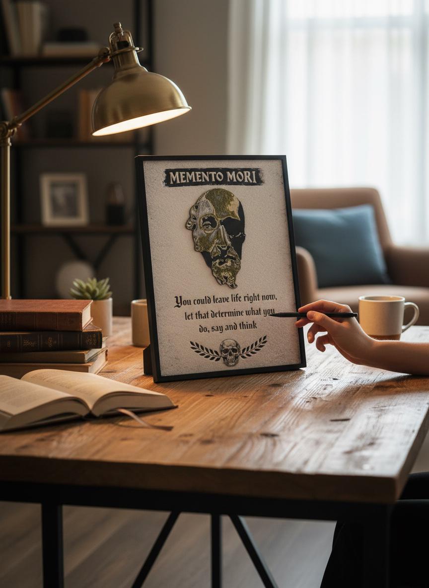 A framed 'MEMENTO MORI' wall art print with a skull illustration and quote, displayed on a wooden desk in a cozy room setting with a lamp, books, and a hand pointing at it.