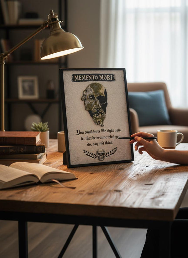 A framed 'MEMENTO MORI' wall art print with a skull illustration and quote, displayed on a wooden desk in a cozy room setting with a lamp, books, and a hand pointing at it.