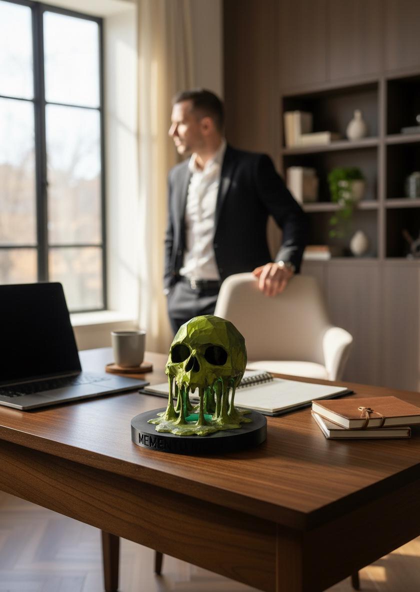 A man in a dark suit stands in a modern office behind a wooden desk, looking toward a green melting skull sculpture displayed on a black base.