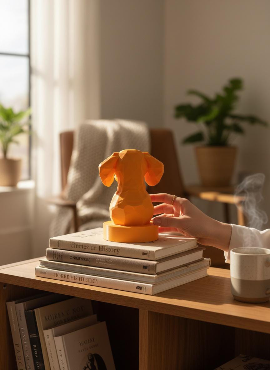 A warm orange sculptural dog-shaped lamp or figurine sits on a stack of books on a wooden shelf, with a hand reaching toward it in a softly lit room. A mug with visible steam, potted plants, and a chair are blurred in the background.
