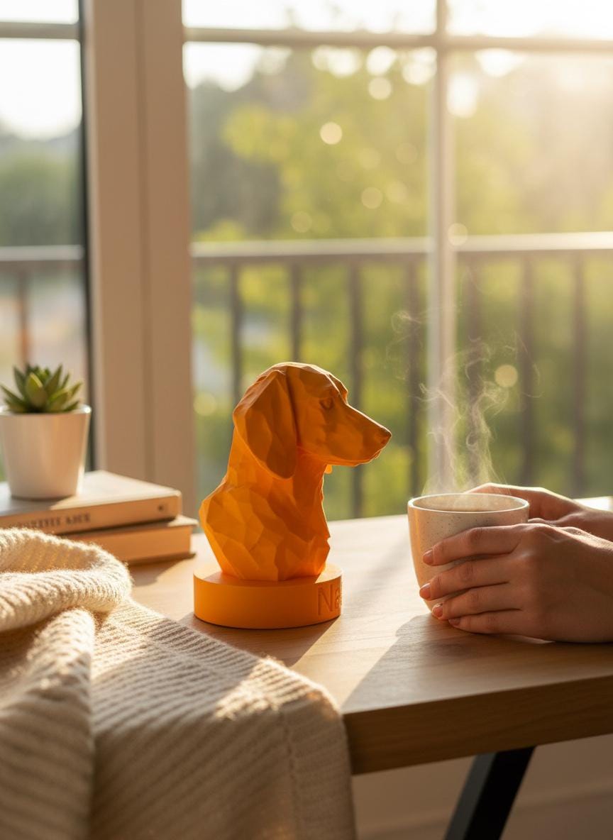 a low poly orange sausage dog bust on a plinth in a kitchen lounge area