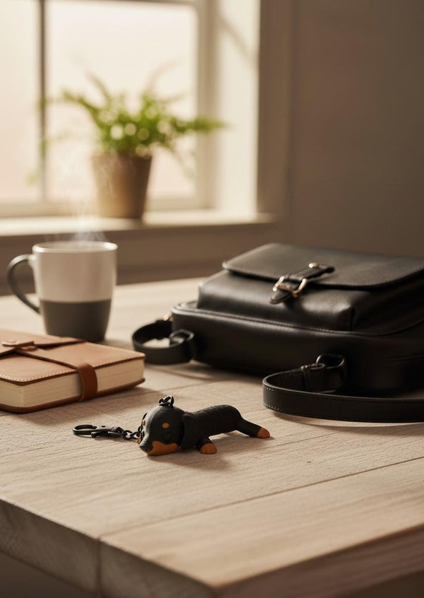 A black leather crossbody bag sits on a light wood table next to a coffee mug, a notebook, and a small dachshund keychain, with a softly blurred window and plant in the background.