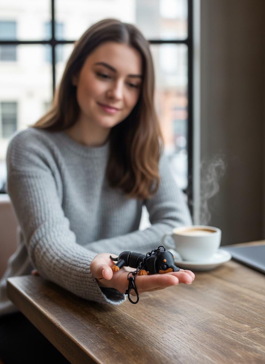 A woman in a gray knit sweater sits at a wooden table in a cafe, holding a small black and orange animal-shaped keychain in her hand next to a cup of coffee.