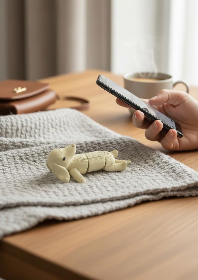 Cream sleepy dachshund flexi toy on a knitted grey blanket beside a coffee cup
