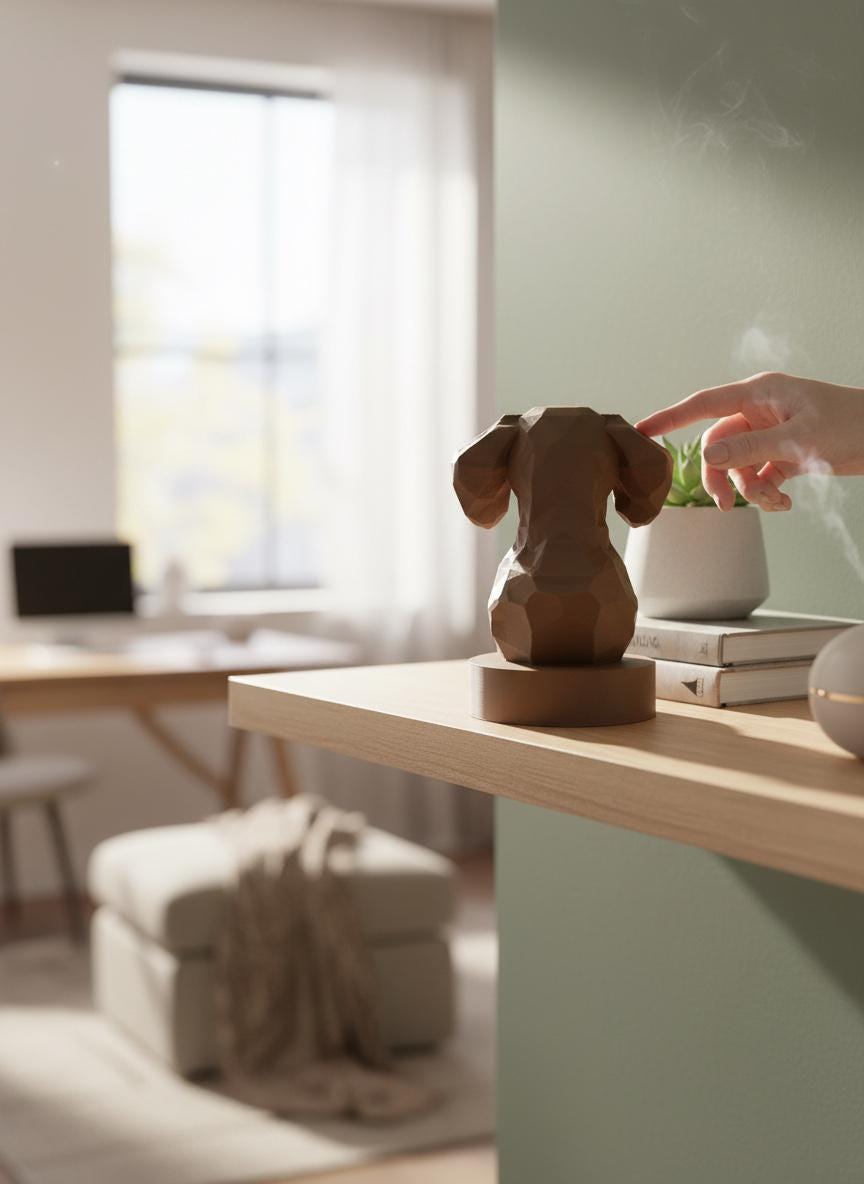 A brown ceramic dachshund-shaped decorative object on a wooden shelf in a modern, softly lit room, with a human hand reaching toward it.
