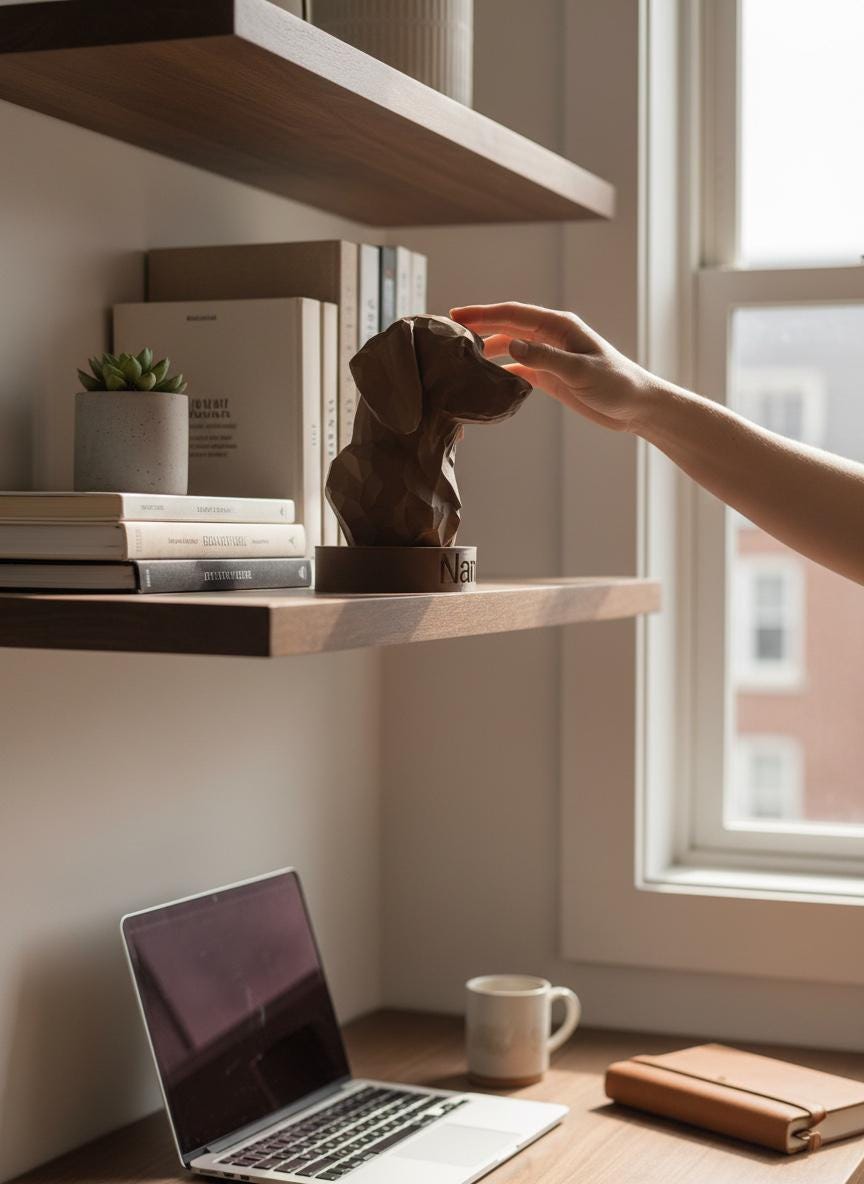 A wooden dog-shaped desk sculpture sits on a shelf in a bright home office, with a person's hand reaching toward it. A laptop, mug, notebook, and books are arranged on the desk below, with a window in the background.
