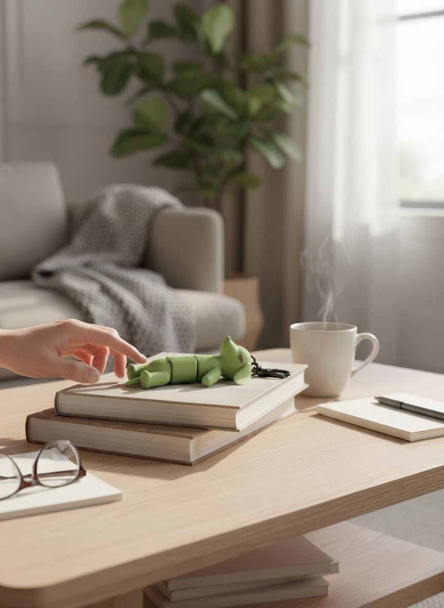 A light green dog keychain rests on a stack of books on a light wood table, with a hand reaching toward it. A white mug with steam, a notebook, and eyeglasses are nearby, set in a cozy, softly lit living room environment.
