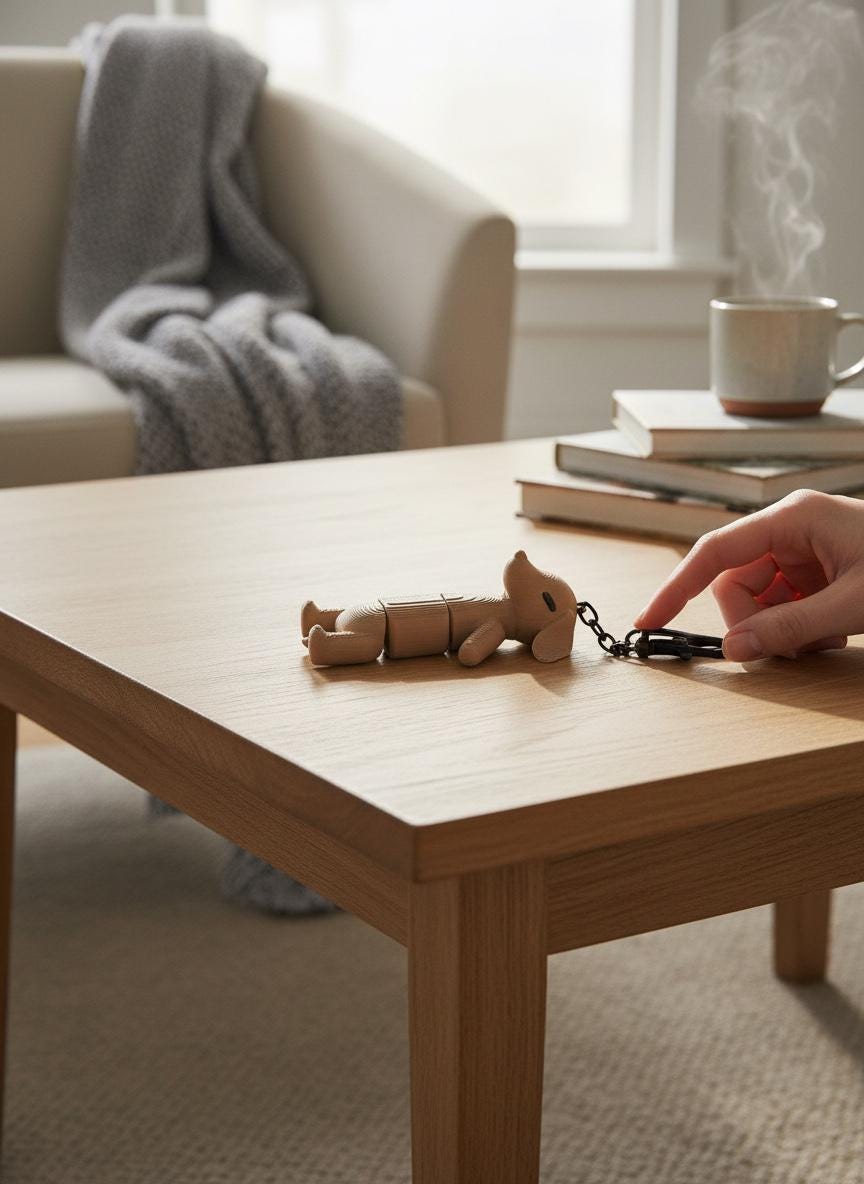 Sleepy dachshund flexi keyring on a wooden coffee table