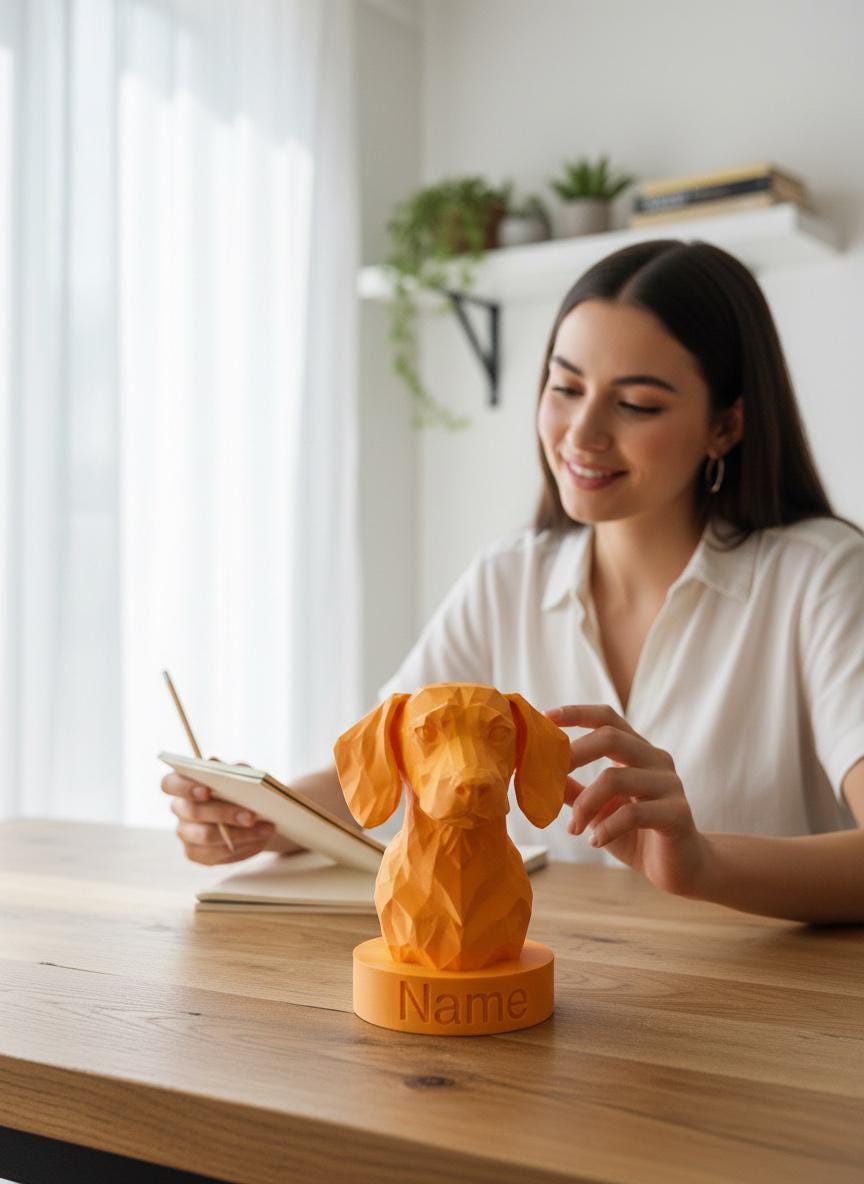 a low poly orange sausage dog bust on a plinth on office desk