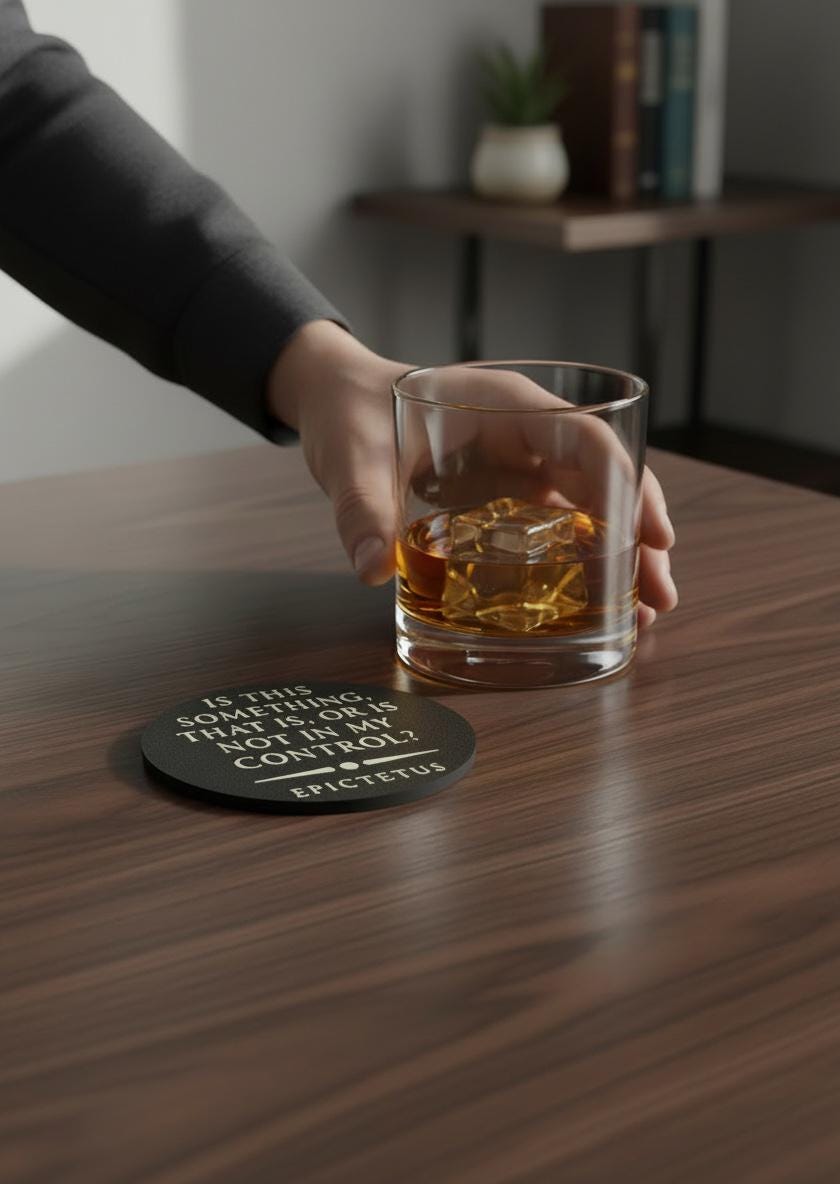 A hand in a black sleeve holds a glass of amber liquor with ice on a dark wood table, next to a round black coaster with white text that reads 'IF THIS IS SOMEONE THAT I DO NOT LIKE, I WILL NOT TAKE ANY CONTROL.' ECTUS branding is visible on the coaster.