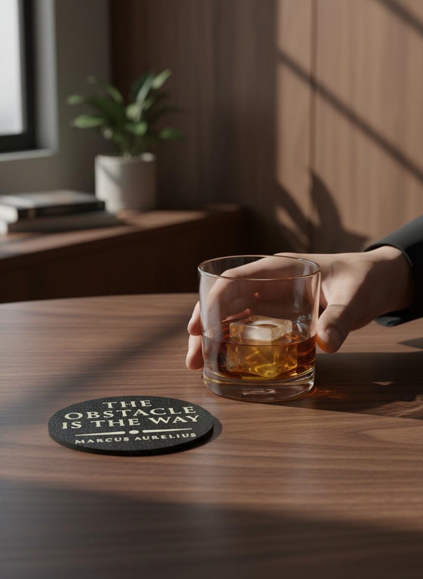 A hand holds a clear rocks glass containing an amber drink on a wooden table. A round black coaster with the printed quote 'THE OBSTACLE IS THE WAY - MARCUS AURELIUS' sits nearby.