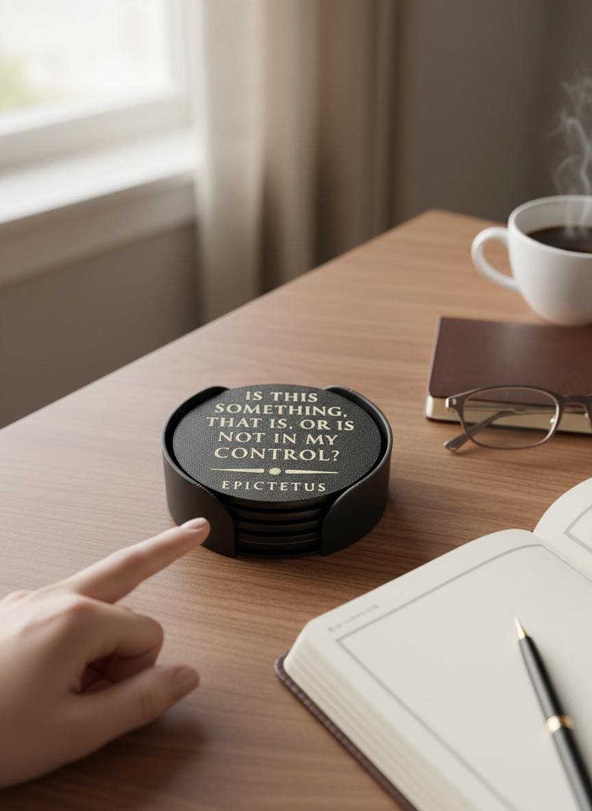 A round black coaster with white text reading 'IS THIS SOMETHING, THAT IS, OR IS NOT IN MY CONTROL? EPICETUS' sits on a wooden desk, with a finger pointing at it. A coffee cup, notebook, and open book are nearby in a softly lit indoor setting.