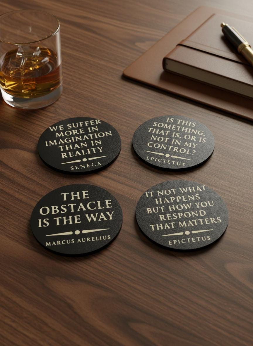 4 black drinks coasters with stoic quotes