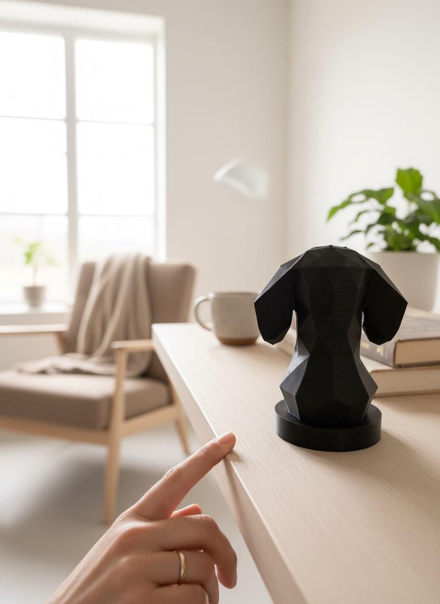 A black geometric dog bust sculpture sits on a light wood table in a bright, modern room. A person's hand points toward the sculpture, which is in sharp focus while the background with a chair, mug, and plant is softly blurred.