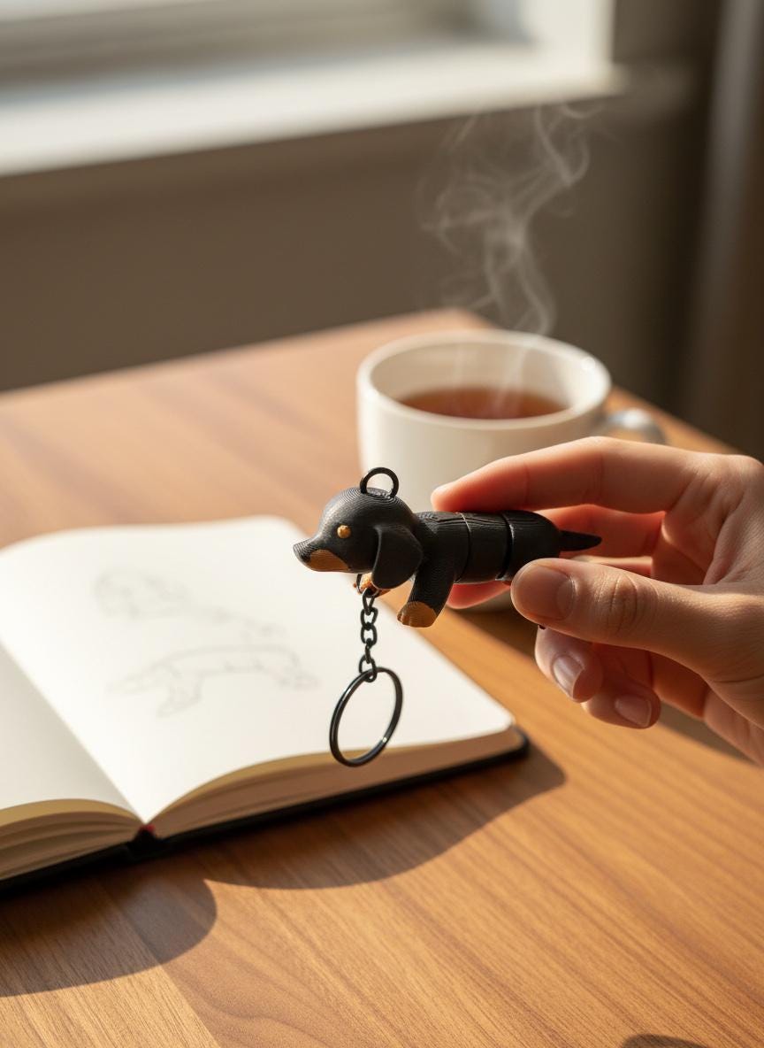 A hand holds a small black dog-shaped keychain with a metal ring, photographed over a wooden table with an open notebook and a steaming cup in the background.