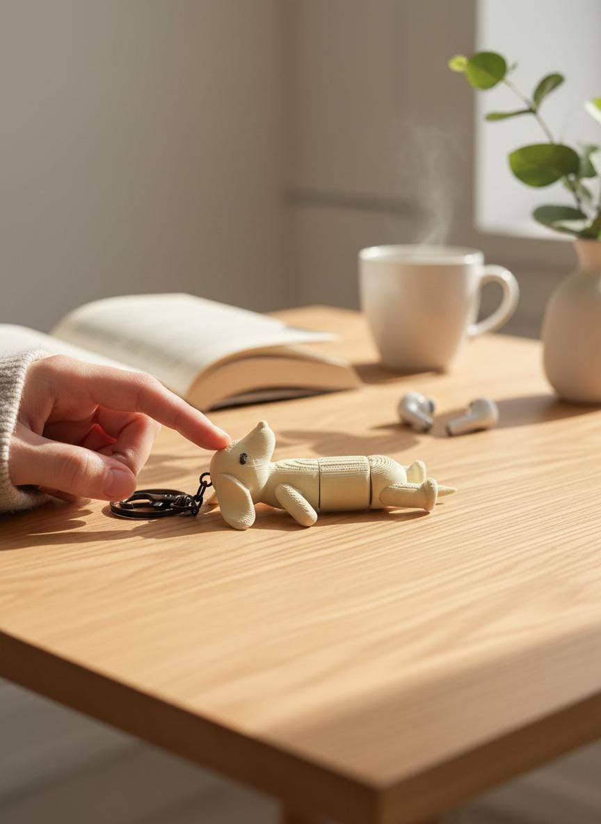 a sleepy beige sausage dog flexi key chain laying on its back on a wooden desk