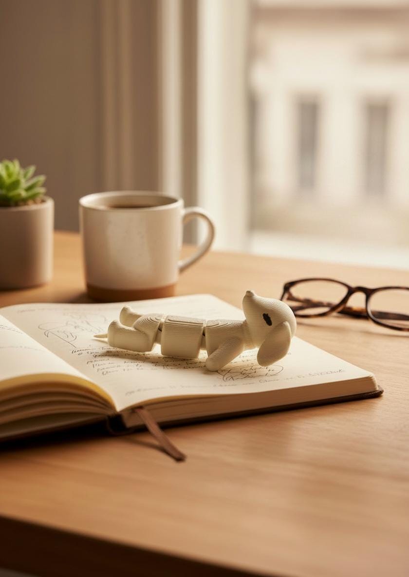 Cream sleepy dachshund flexi toy resting on an open notebook on a wooden desk