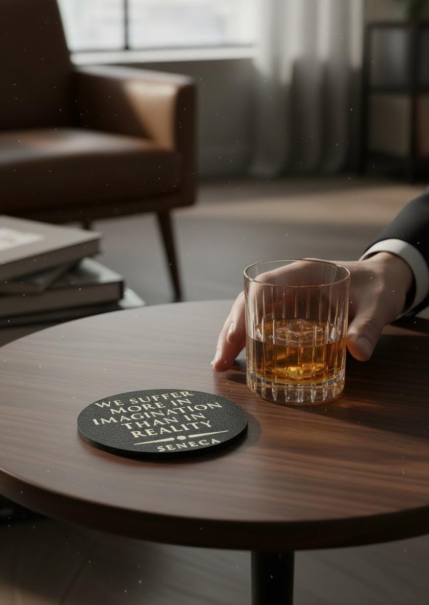 A black round coaster with white text reading 'WE SUFFER MORE IN IMAGINATION THAT IN REALITY' and 'SENECA' at the bottom, placed on a dark wood table next to a hand holding a glass of amber liquid in a softly lit indoor setting.